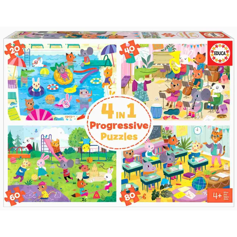 Educa - 4 In 1 Puzzle Progressive, School Day 20/40/60/80 Pcs 18904