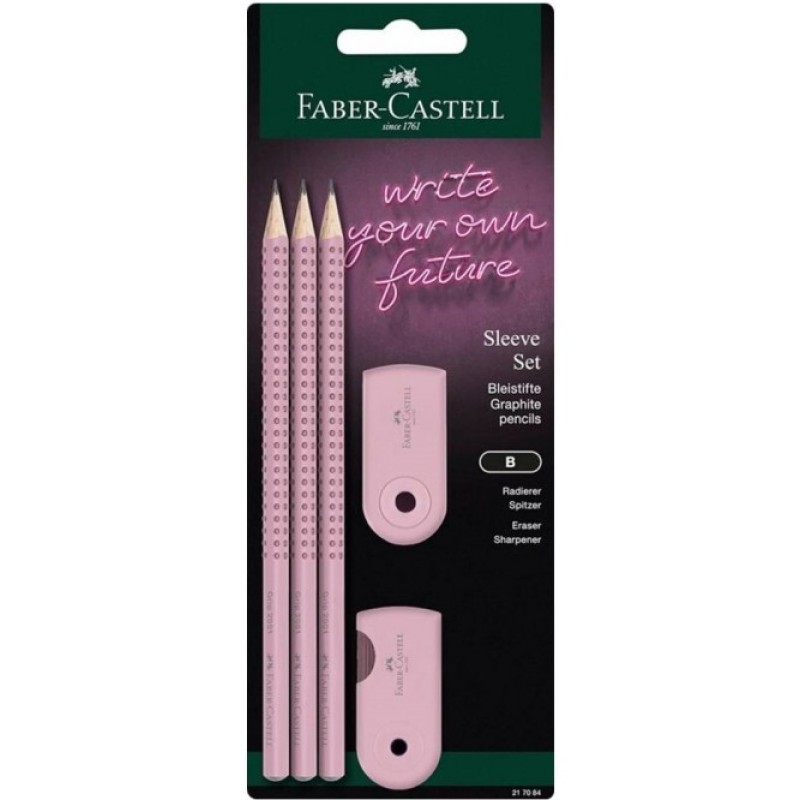 Faber Castell - Σετ Γραφής 3 Μολύβια Grip, Γόμα Και Ξύστρα Sleeve Ροζ Παστέλ 217084