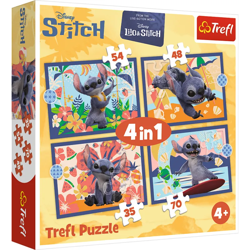 Trefl - Puzzle 4 in 1, Holidays in Hawaii Disney Stitch 54/48/35/70 Pcs 34666