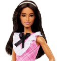 Mattel Barbie - Fashionistas Doll No.209 With Black Hair Wearing a Pink Plaid Dress, Pearlescent Headband and Strappy Heels HJT06 (FBR37)