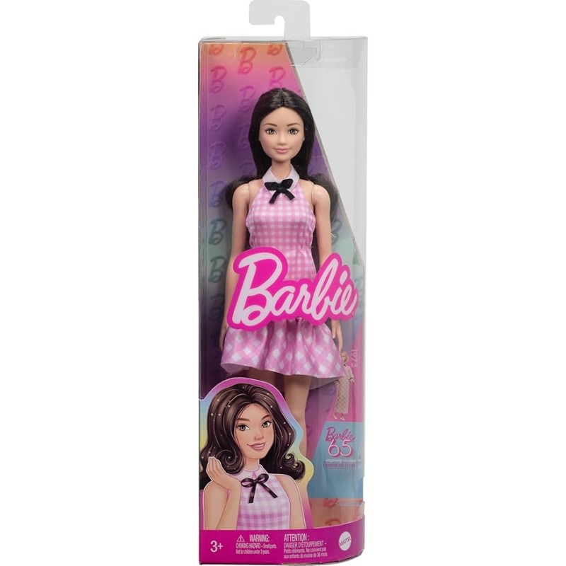 Mattel Barbie - No.224 With Black Wavy Hair, Pink Gingham Dress & Accessories HRH21 (DWK44)