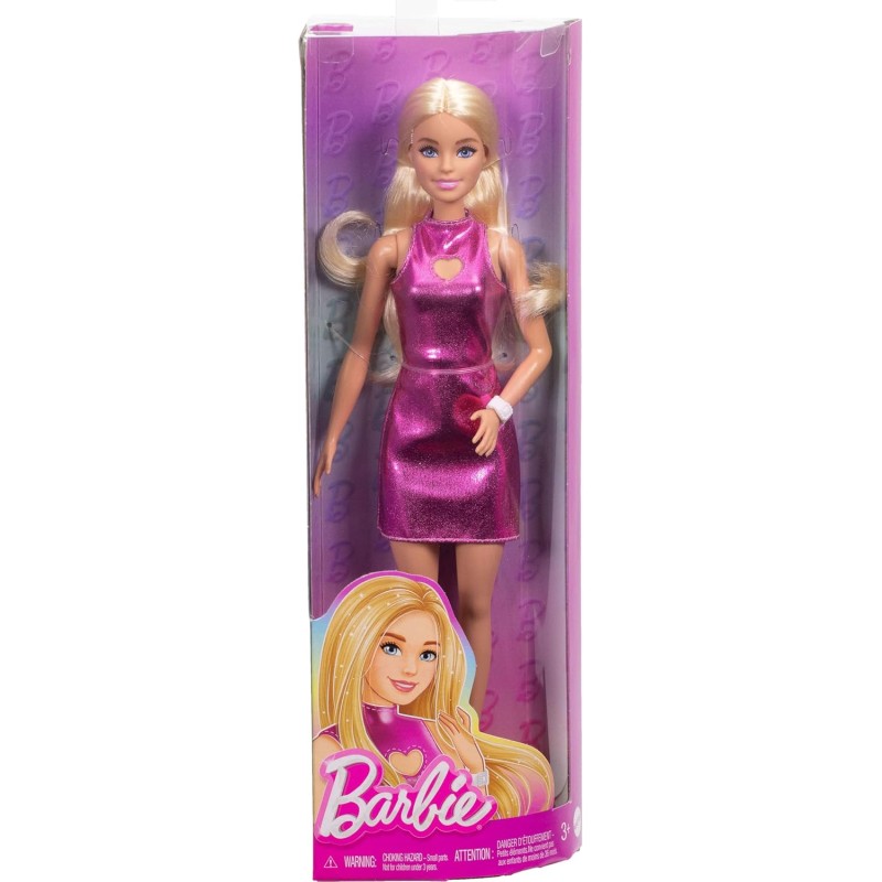 Mattel Barbie - Fashionistas Ξανθιά Μαλλιά Φορώντας Μεταλλικό Ροζ Μίνι Φόρεμα Με Λαιμόκοψη, Λευκό Βραχιόλι Και Γόβες HYT88 (FBR37)