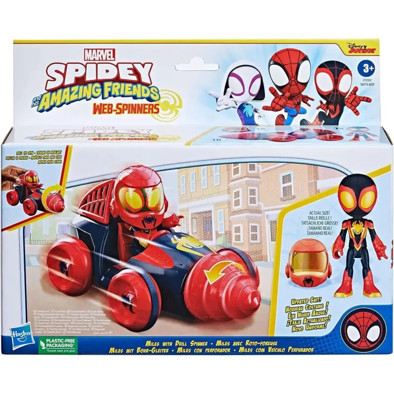 Hasbro - Marvel Spidey And His Amazing Friends Web-Spinners Drill Spinner Vehicle, Figure, Helmet Accessory F7253 (F6775)