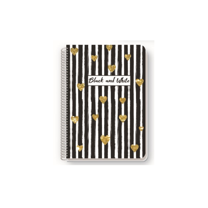 Meg Black & White - Τετράδιο Black & Gold B5, 4 Θέματα Strips With Hearts 140 Φύλλα 0738