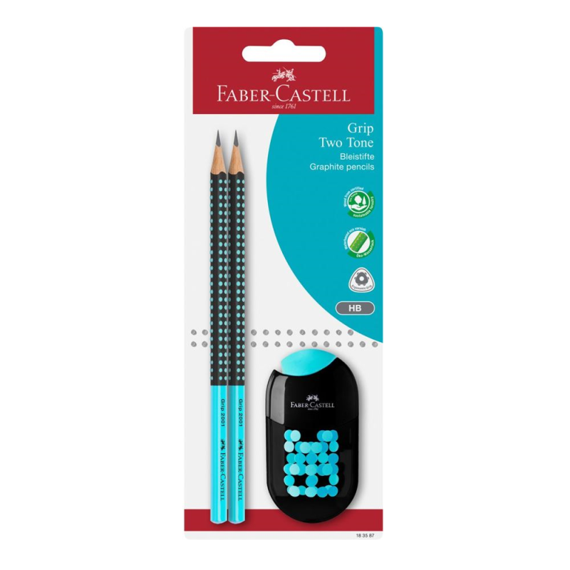 Faber Castell - Σετ 2 Δίχρωμων Μολυβιών Jumbo Grip Τιρκουάζ HΒ, Με Ξύστρα Και Γόμα 183587