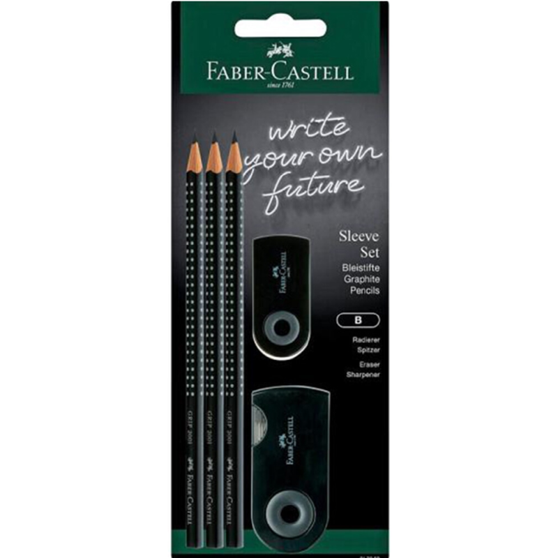 Faber Castell - Σετ 3 Μολύβια Grip Black B & Ξύστρα Sleeve & Γόμα Sleeve 217059