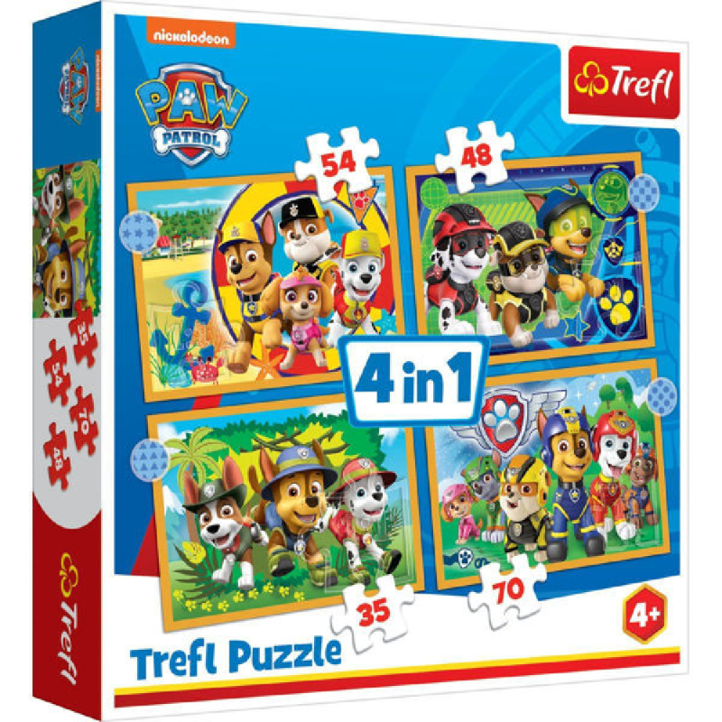 Trefl - Puzzle 4 in 1, Holiday Paw Patrol 35/48/54/70 pcs 34395
