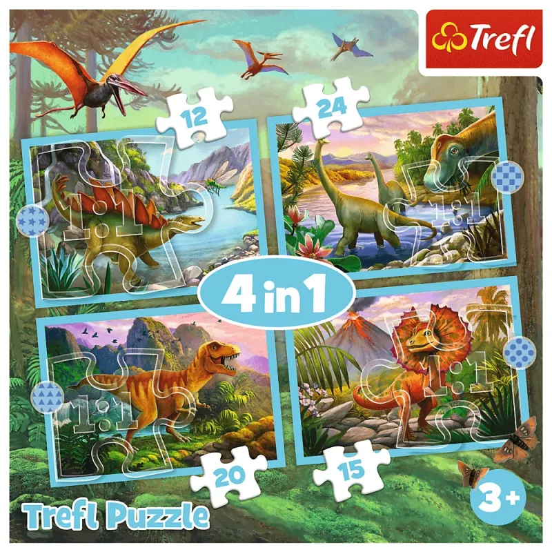 Trefl - Puzzle 4 in 1, Unique Dinosaurs 12/15/20/24 Pcs 34609