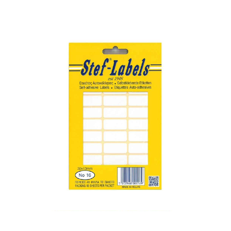 Stef-Labels - Ετικέτες Αυτοκόλλητες No16 13x30mm Πακέτο 40φ. (30 Ετικέτες/Φύλλο) 800016