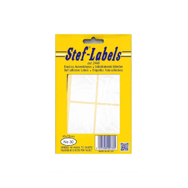 Stef-Labels - Ετικέτες Αυτοκόλλητες No30 40x72mm Πακέτο 40φ. (4 Ετικέτες/Φύλλο) 800030