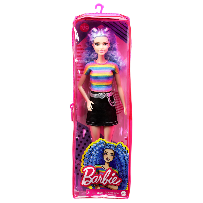 Mattel Barbie - Fashionistas Doll, No.170 Blue Hair With Accessories In Rainbow Shirt And Shoes GRB61 (FBR37)