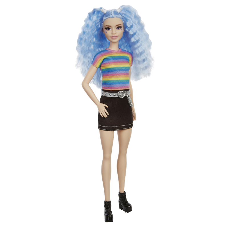 Mattel Barbie - Fashionistas Doll, No.170 Blue Hair With Accessories In Rainbow Shirt And Shoes GRB61 (FBR37)