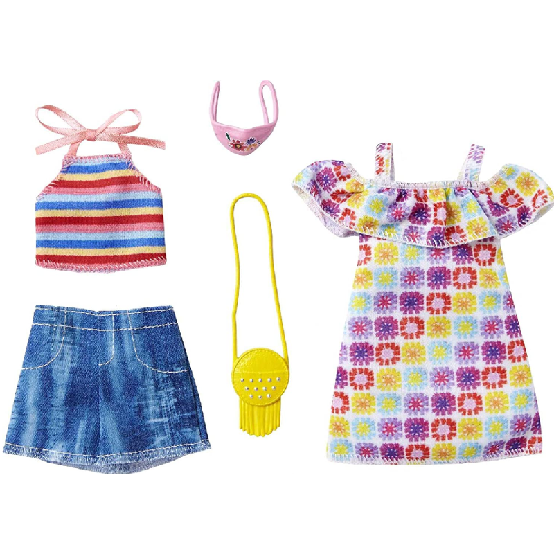 Mattel Barbie - Fashions 2-Pack Clothing Set, 2 Outfits For Doll Summery Off-The-Shoulder Print Dress GRC91 (GWC32)