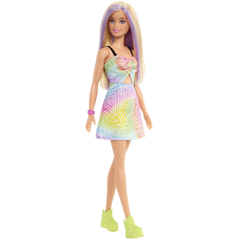 Mattel Barbie - Fashionistas Doll, No.190 Blonde Hair With Purple Streaks, Romper Dress, Yellow Wedge Sneakers, Bracelet HBV22 (FBR37)