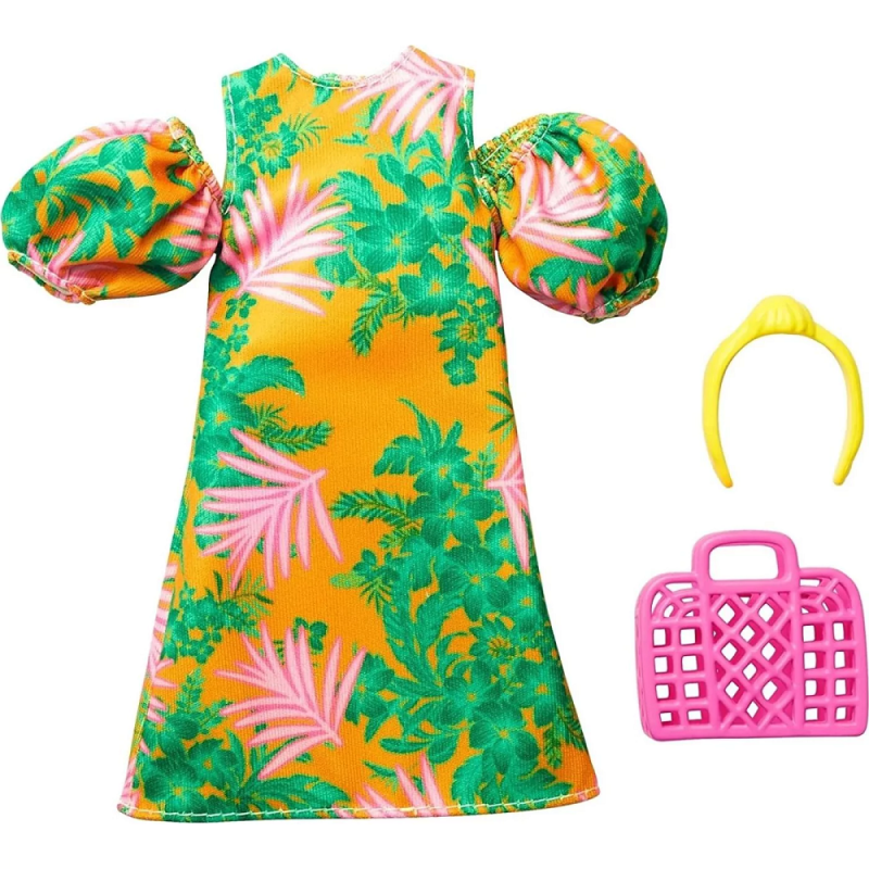 Mattel Barbie - Βραδινά Σύνολα, Fashion Pack Tropical Dress With Puff Sleeves, Yellow Headband And Pink Handbag HBV32 (GWC27)