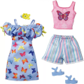 Mattel Barbie - Fashions 2-Pack Clothing Set, 2 Outfits For Doll Off-The-Shoulder Butterfly Print Dress, Butterfly Tank & Blue Short HBV68 (GWC32)