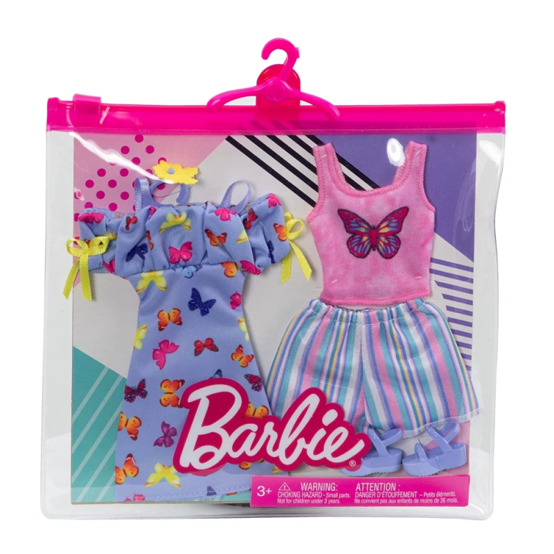Mattel Barbie - Fashions 2-Pack Clothing Set, 2 Outfits For Doll Off-The-Shoulder Butterfly Print Dress, Butterfly Tank & Blue Short HBV68 (GWC32)