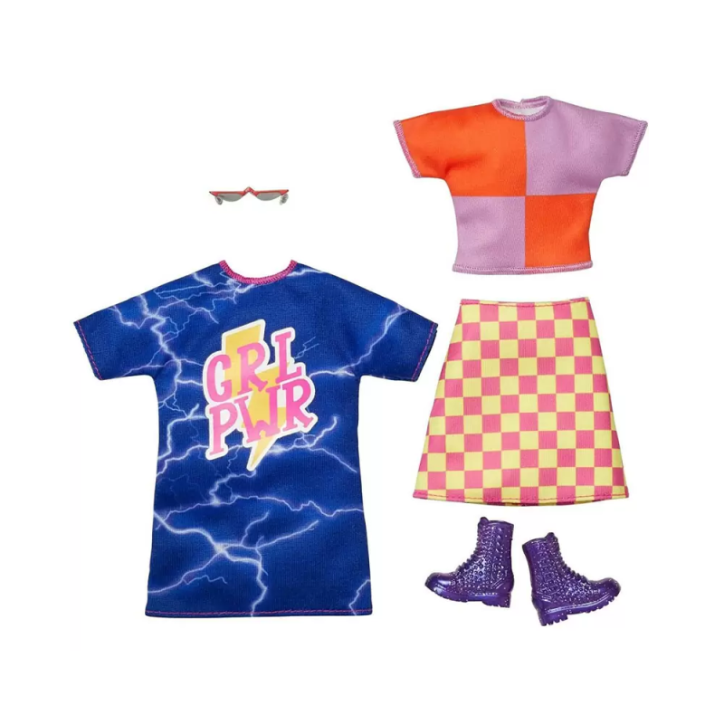 Mattel Barbie - Fashions 2-Pack Clothing Set, 2 Outfits For Doll Color-Blocked Shirt With Checkered Skirt, A Grl Pwr HBV69 (GWC32)