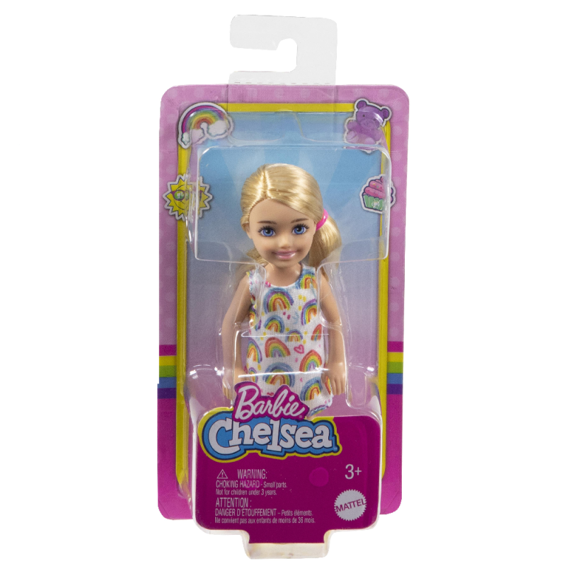 Mattel Barbie - Barbie Chelsea Doll Blonde Wearing Rainbow-Print Dress And Yellow Shoes HGT02 (DWJ33)