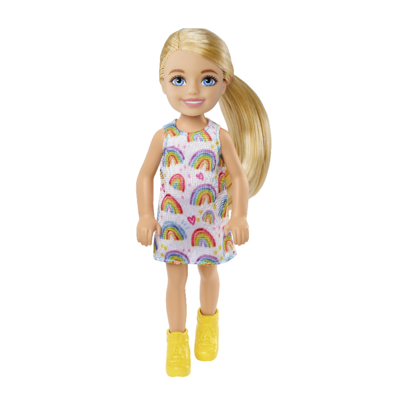 Mattel Barbie - Barbie Chelsea Doll Blonde Wearing Rainbow-Print Dress And Yellow Shoes HGT02 (DWJ33)
