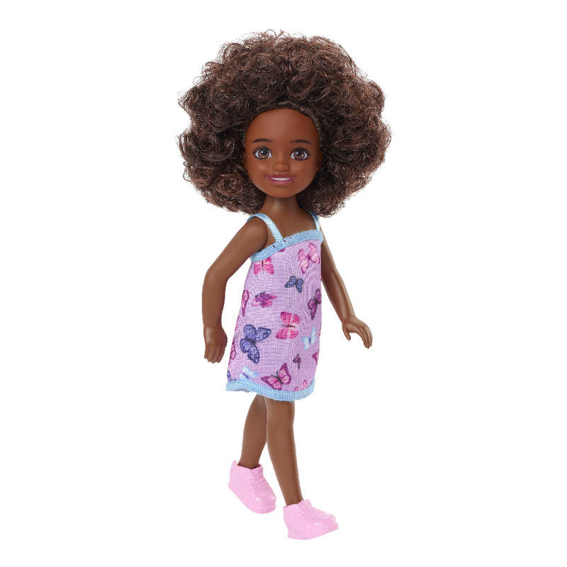 Mattel Barbie - Barbie Chelsea Doll curly Brunette Hair Wearing Butterfly-print Dress and Pink Shoes HGT03 (DWJ33)
