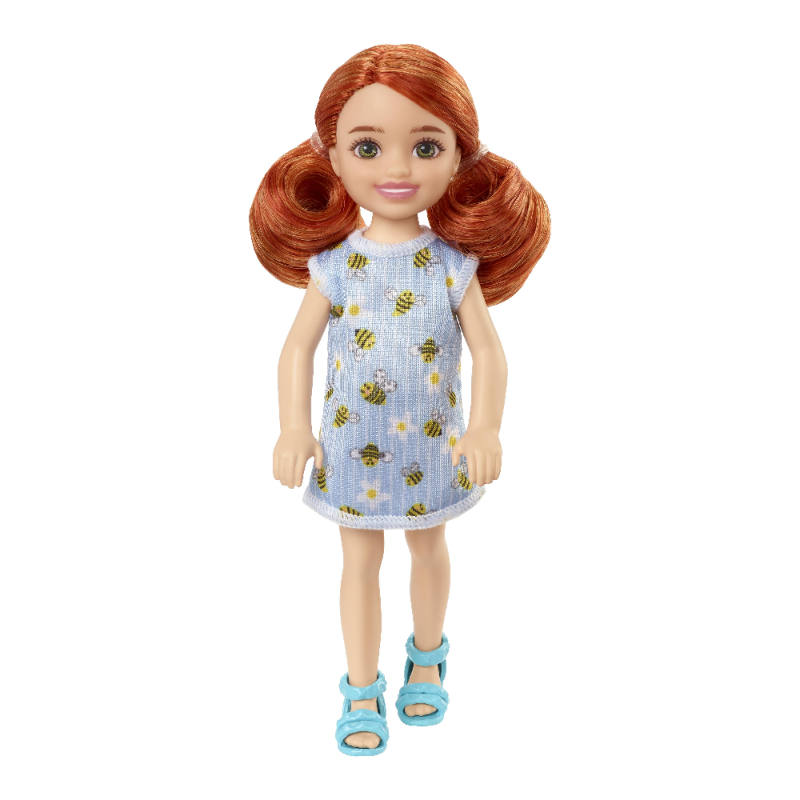 Mattel Barbie - Barbie Chelsea Doll Red Hair Wearing Bumblebee and Flower-Print Dress And Blue Sandals HGT04 (DWJ33)