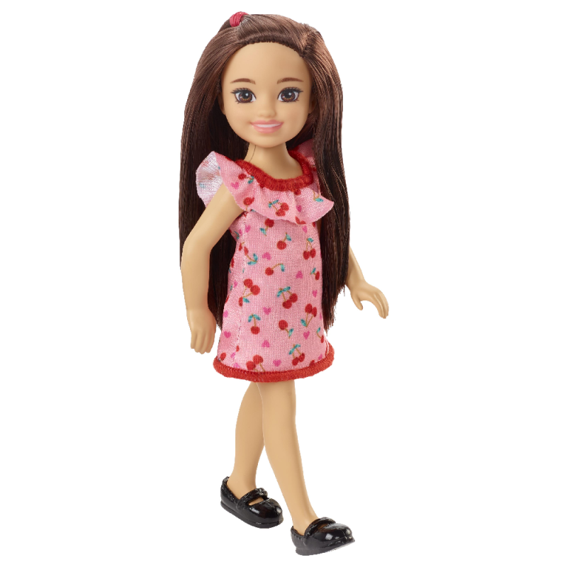 Mattel Barbie - Barbie Chelsea Doll brunette Wearing Ruffled Cherry-print Dress and Black Shoes HGT05 (DWJ33)