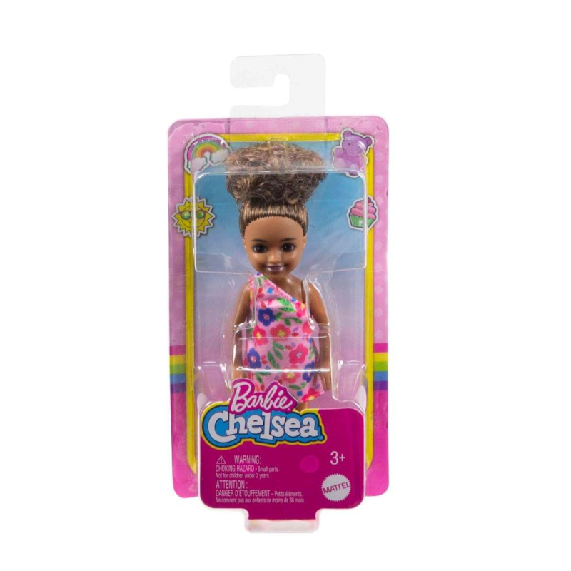 Mattel Barbie - Barbie Chelsea Brunette Curly Hair One-Shoulder Flower-Print Dress And Pink Shoes HGT07 (DWJ33)