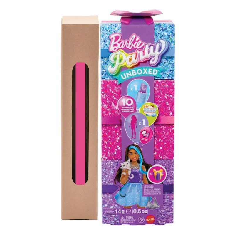 Παιχνιδολαμπάδα Mattel Barbie - Barbie Party - Unboxed Glam Party Κούκλα Purple Sparkle με Αξεσουάρ και 10 Εκπλήξεις JFY66 (JFG68)