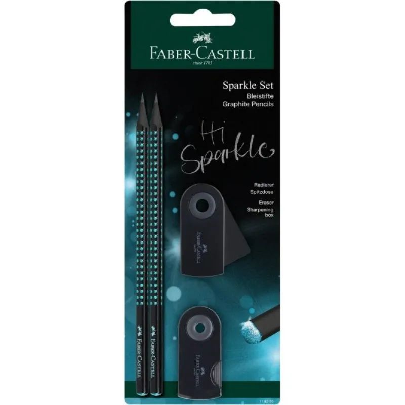 Faber Castell - Σετ Mολυβιών Grip, Sparkle Μαύρο Μπλε με Γόμα & Ξύστρα 118295