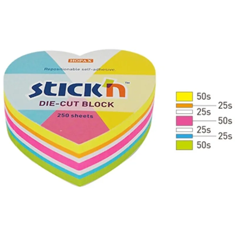 Stick'N - Αυτοκόλλητα Χαρτάκια Χρωματιστά Neon Heart 64x67mm 250 Φύλλα 21836