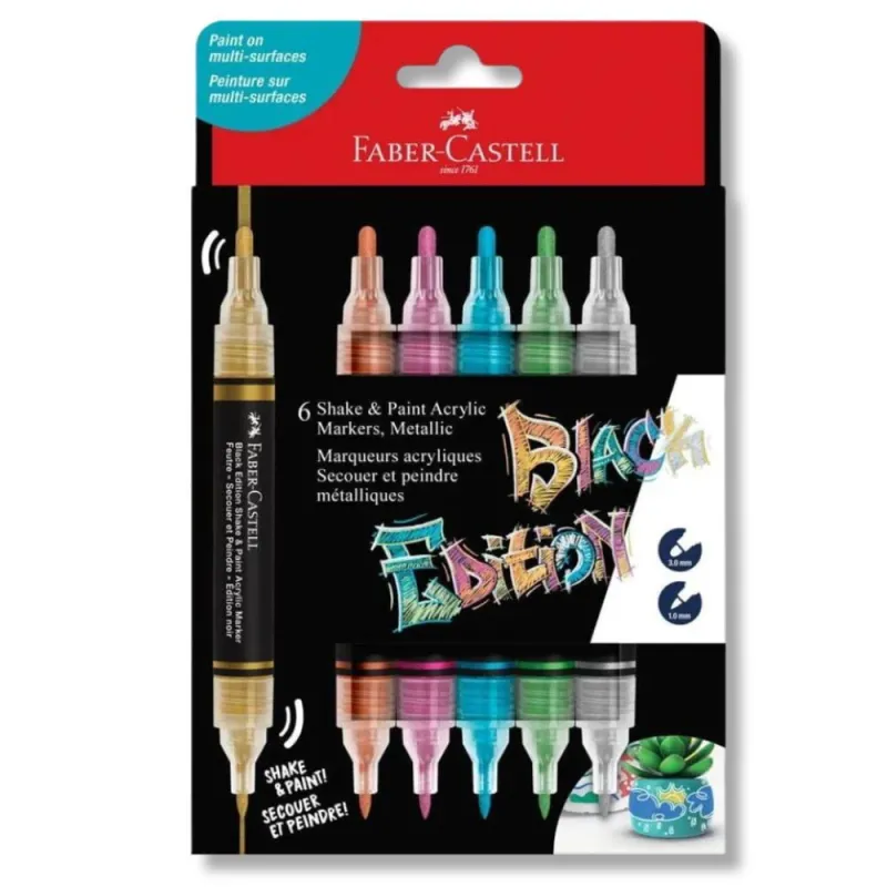 Faber Castell - Σετ Ακρυλικοί Μαρκαδόροι Με Διπλή Μύτη Black Edition, Metallic Colours 6 Τμχ 285517