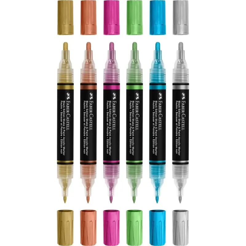 Faber Castell - Σετ Ακρυλικοί Μαρκαδόροι Με Διπλή Μύτη Black Edition, Metallic Colours 6 Τμχ 285517