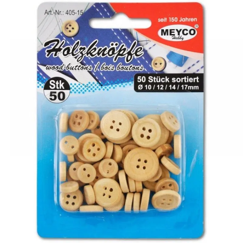 Meyco - Ξύλινα Κουμπιά, Φυσικό Χρώμα, 50 Τμχ 10-12-14-17mm 405-15
