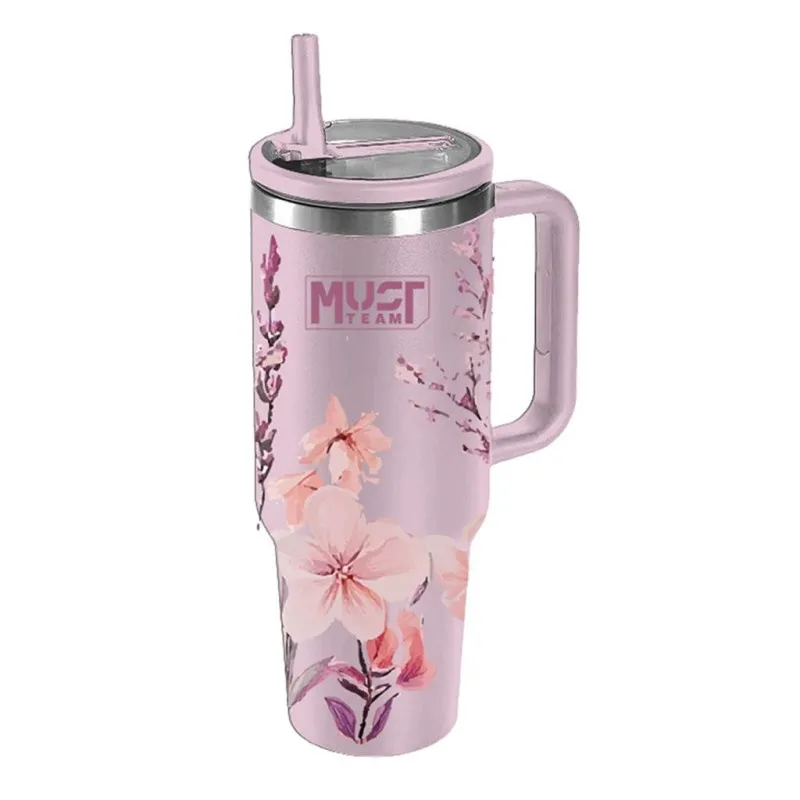 Diakakis - Must, Ποτήρι Ανοξείδωτο Θερμός 1200ml Με Καλαμάκι 27x10x7.5εκ Ροζ Φλοράλ 587162