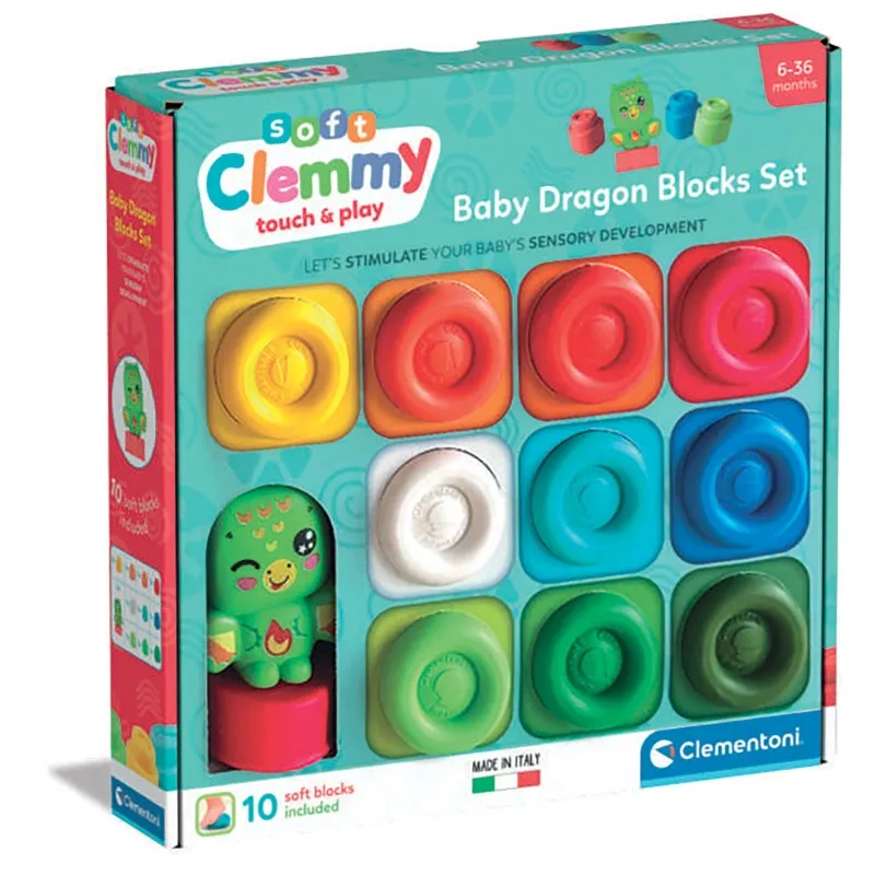 Baby Clementoni - Soft Clemmy , Σετ 10 Μαλακά Τουβλάκια & Φιγουράκι Δρακουλάκι 1033-17980