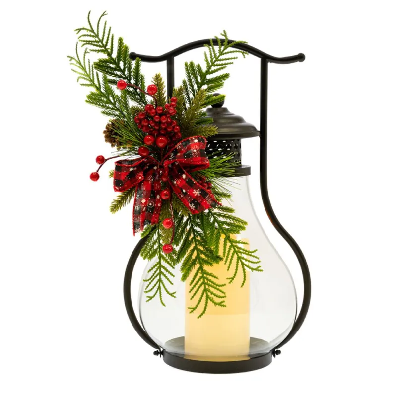 Iliadis - Μαύρο Μεταλλικό Φανάρι Με Berries Και Led Κερί 24x21x42εκ 86425