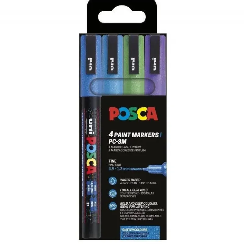 Uniball - Σετ Μαρκαδόρων Posca Glitter Colours PC-3M 1.3mm 4 Τεμαχίων 90136