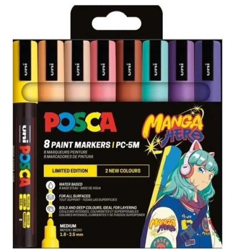 Uniball - Σετ Μαρκαδόρων Posca PC-5M 2.5mm 8 Τεμαχίων, Manga Hero 90208
