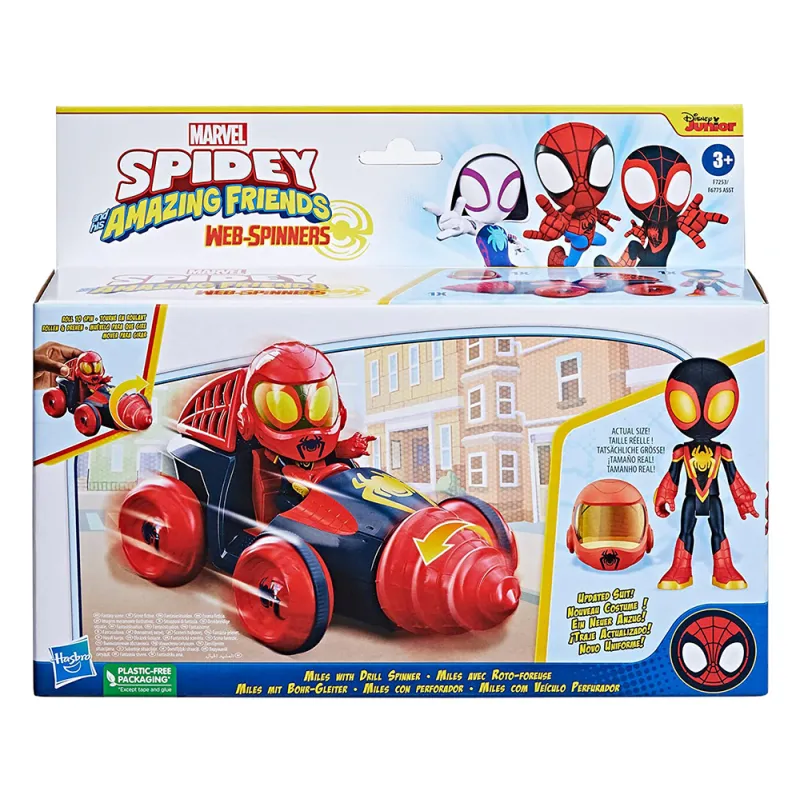 Hasbro - Marvel Spidey And His Amazing Friends Web-Spinners Drill Spinner Vehicle, Figure, Helmet Accessory F7253 (F6775)