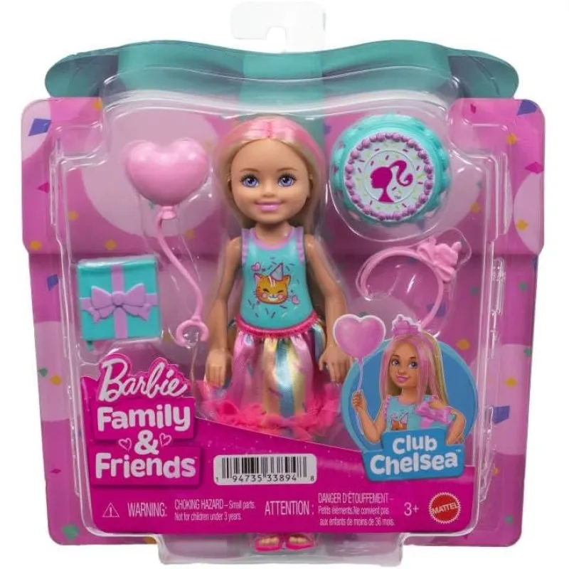 Mattel Barbie Chelsea - Family & Frineds, Birthday-Themed Small Doll With Pink-Streaked Blonde Hair, Colorful Dress JJB37