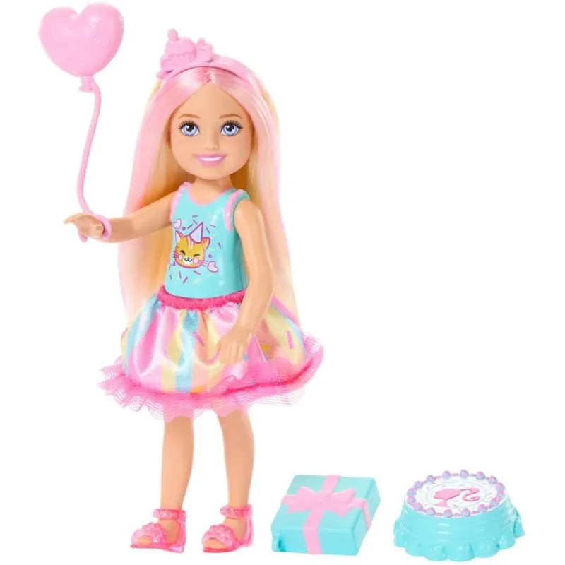 Mattel Barbie Chelsea - Family & Frineds, Birthday-Themed Small Doll With Pink-Streaked Blonde Hair, Colorful Dress JJB37