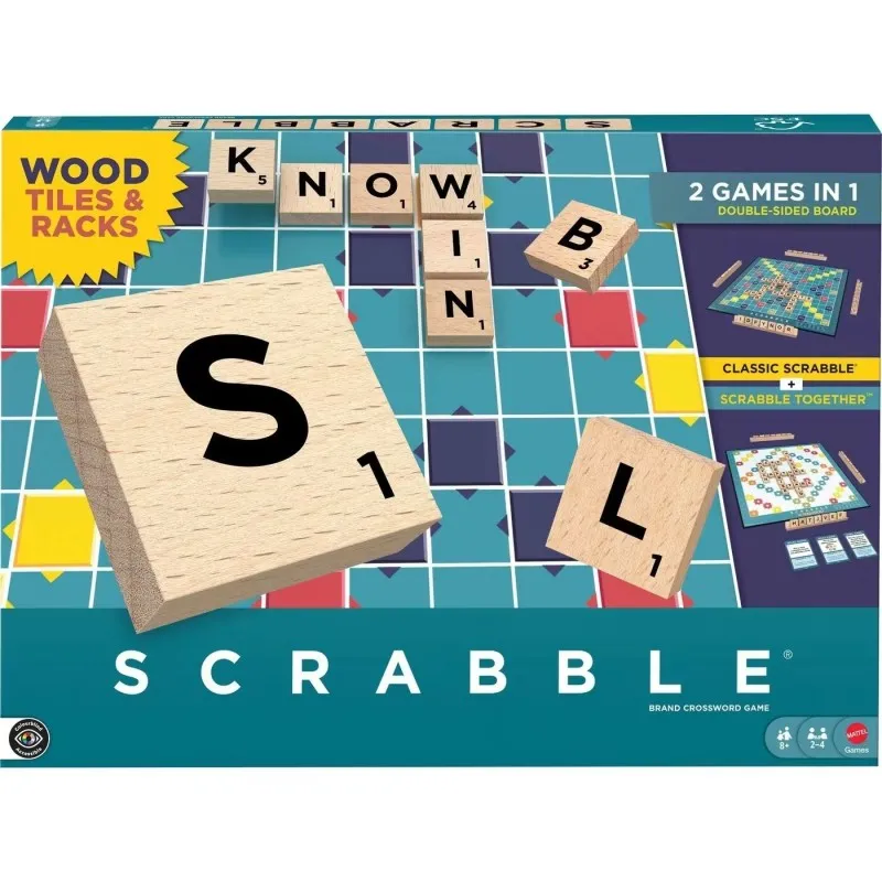Mattel - Επιτραπέζιο, Επιτραπέζιο Scrabble 2 Σε 1 Με Ξύλινα Γράμματα JLJ58