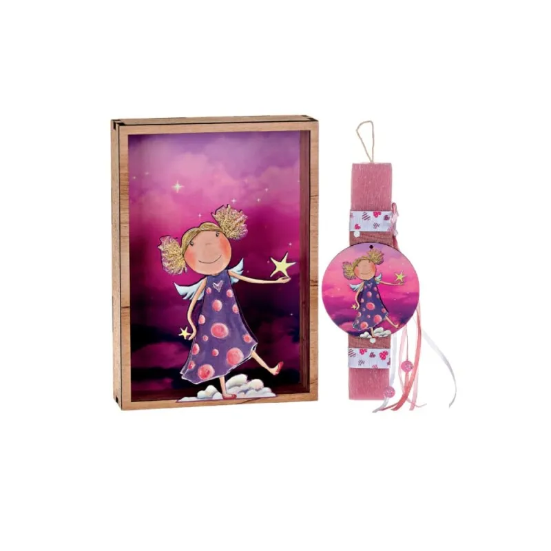 Adorex - Λαμπάδα Ροζ Πλακέ, Ξύλινο Καδράκι, Κοριτσάκι KAD1205