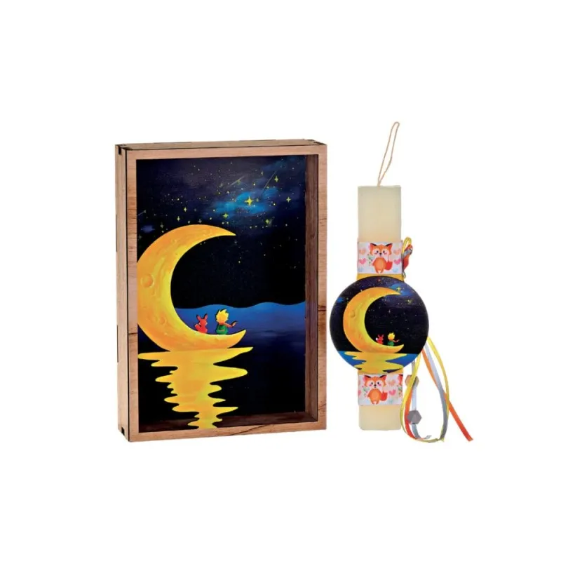 Adorex - Λαμπάδα Λευκή Πλακέ, Ξύλινο Καδράκι, Φεγγάρι KAD1207