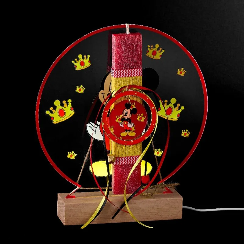 Adorex - Λαμπάδα Ροζ, Plexiglass Βάση Πάνω Σε Ξύλινη Φωτιζόμενη Βάση LED, Mickey Mouse P219-1