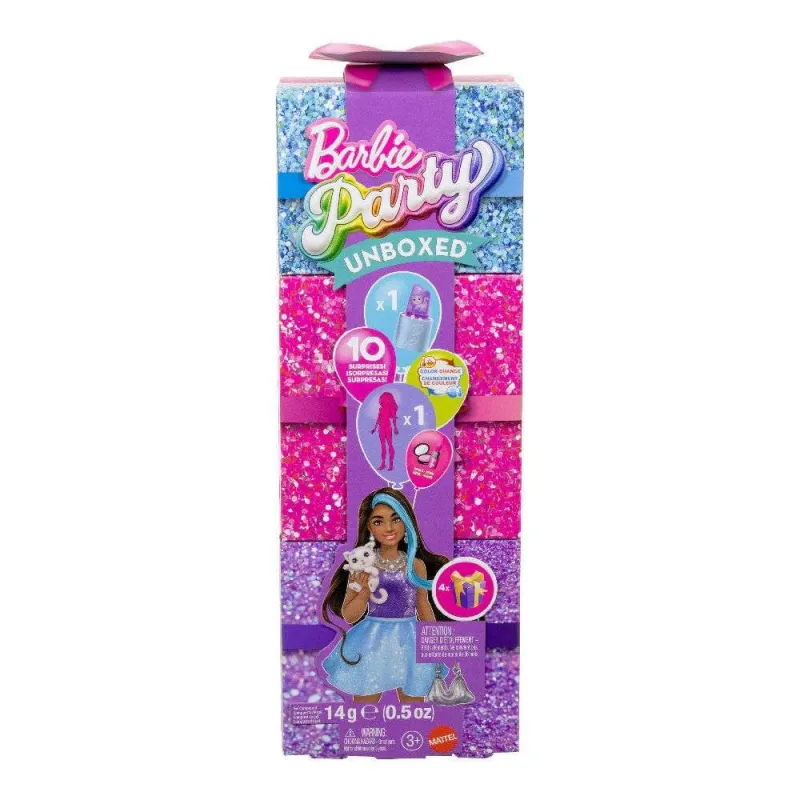 Mattel Barbie - Barbie Party - Unboxed Glam Party Κούκλα Purple Sparkle με Αξεσουάρ και 10 Εκπλήξεις JFY66 (JFG68)