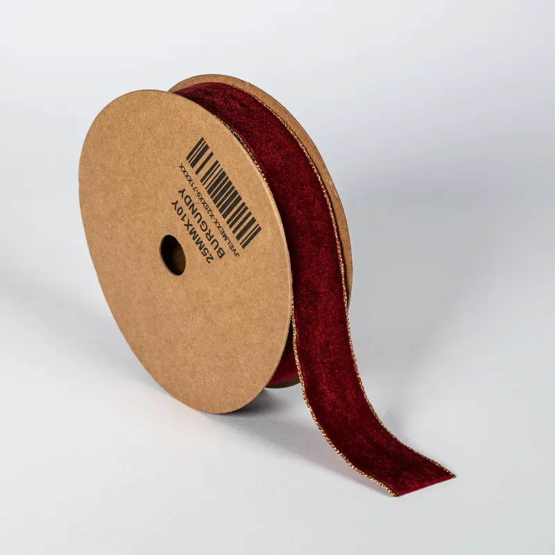 Kyriacou - Κορδέλα Βελούδο Με Μεταλλικά Ουγιά, 25mmX9M, Burgundy JVELMEXX-X25XX9-71XXXX