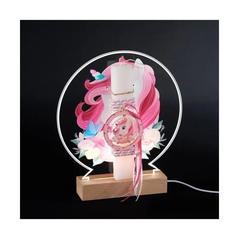 Adorex - Λαμπάδα Ροζ, Plexiglass Βάση Πάνω Σε Ξύλινη Φωτιζόμενη Βάση LED, Μονόκερος EL748LED