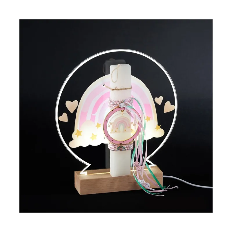 Adorex - Λαμπάδα Ροζ, Plexiglass Βάση Πάνω Σε Ξύλινη Φωτιζόμενη Βάση LED, Ουράνιο Τόξο EL749LED